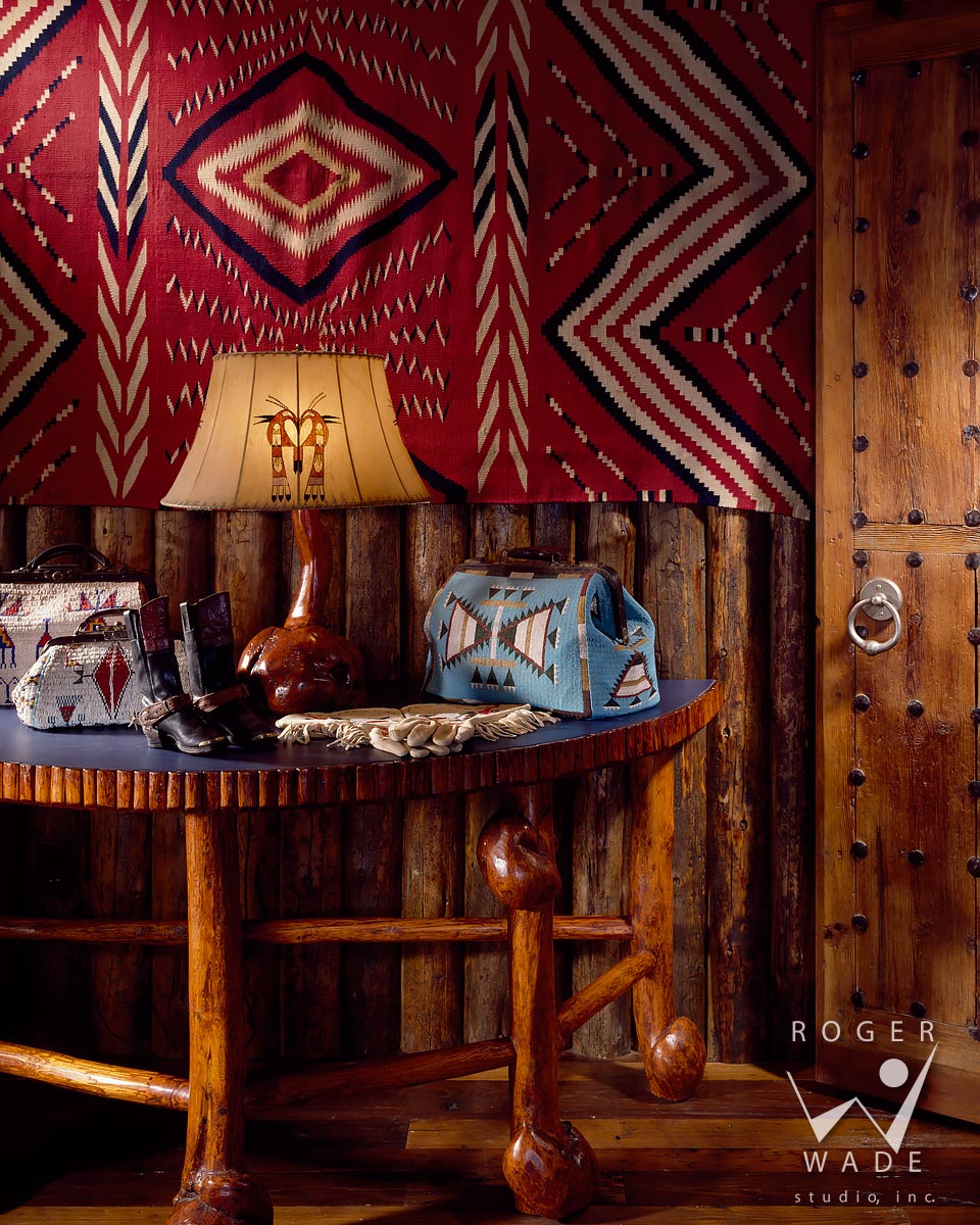 log cabin photography, vignette of burlwood furniture and western decor, jackson, wy