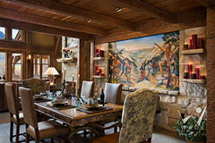 dining room of timber frame home with Roger Nelson fresco