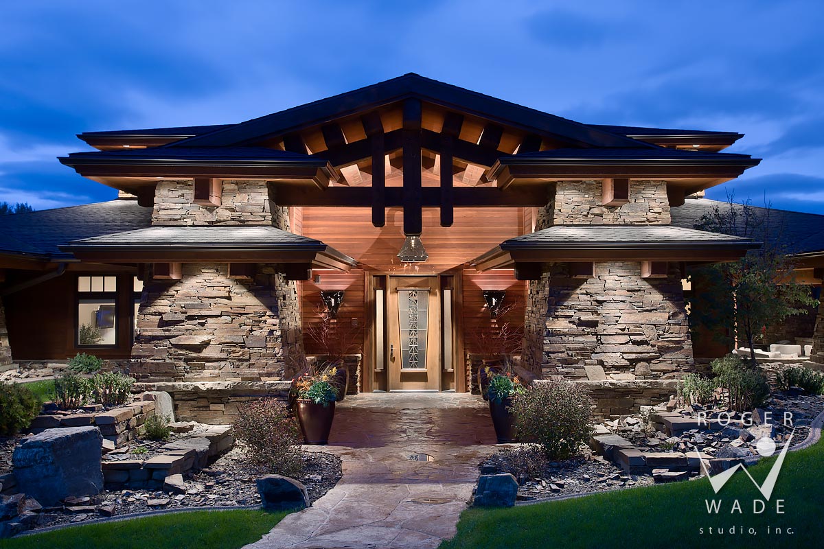modern mountain architecture photo, entry at twilight, billings, mt