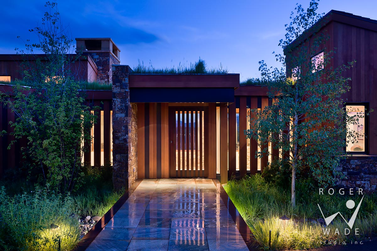 contemporary architectural photography, front entry at twilight, jackson, wy