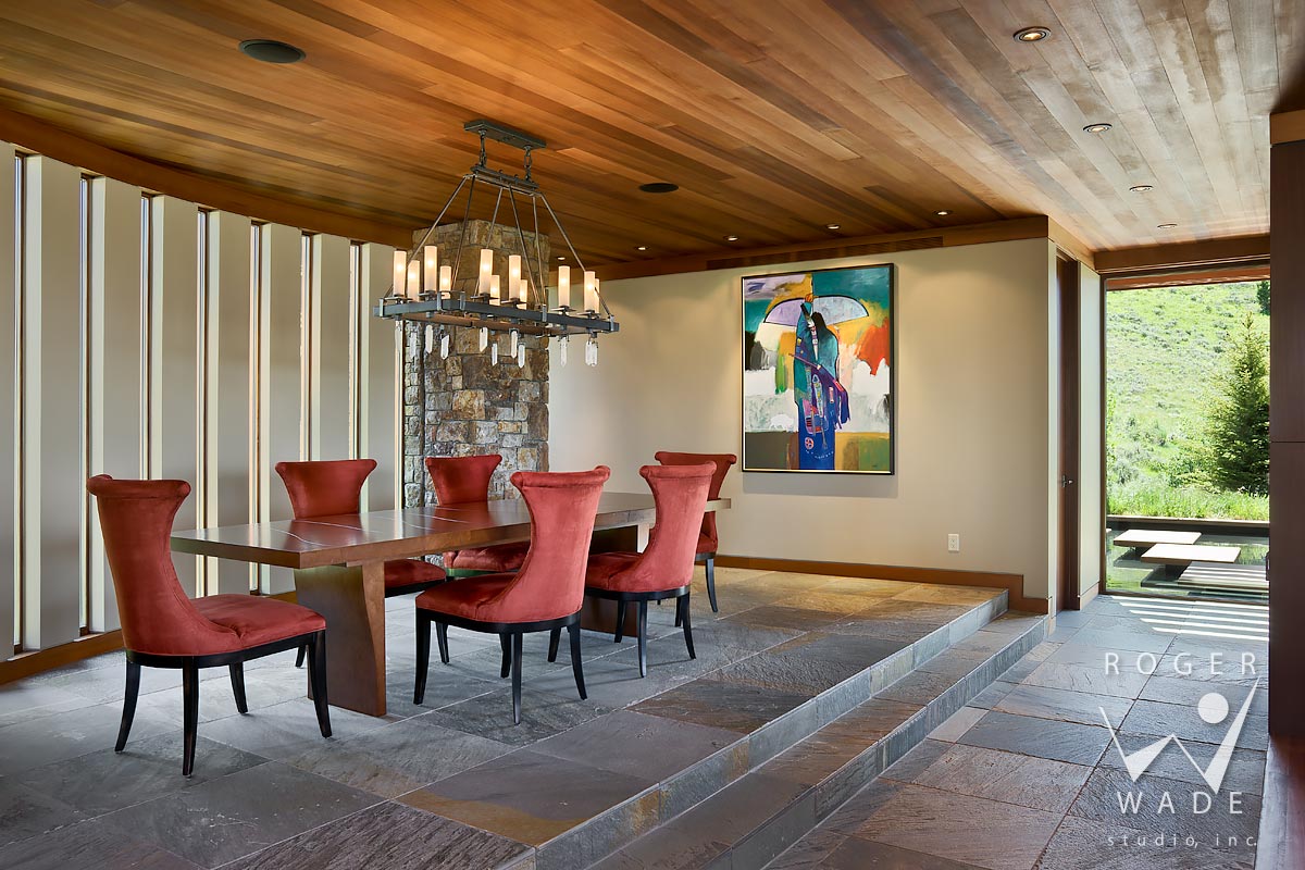 modern mountain interior design photography, dining room with john nieto painting, jackson, wy