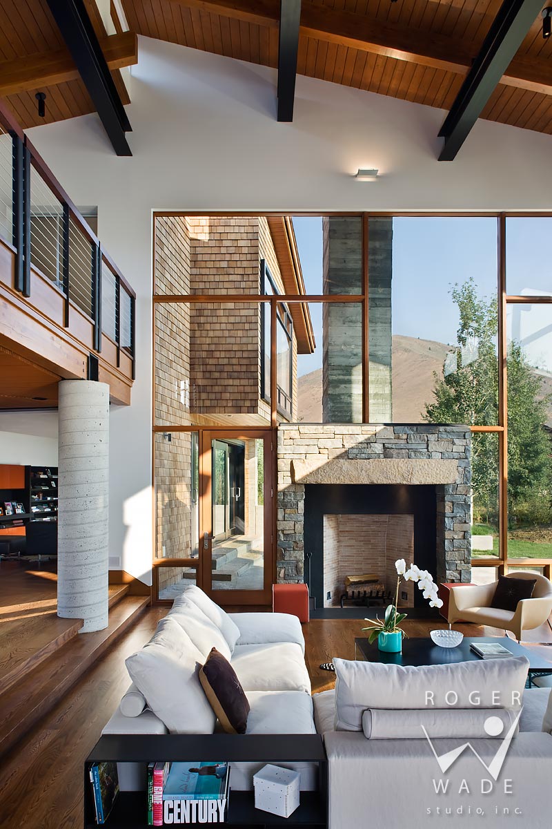 contemporary interior design photo, living room toward fireplace and windows, ketchum, id