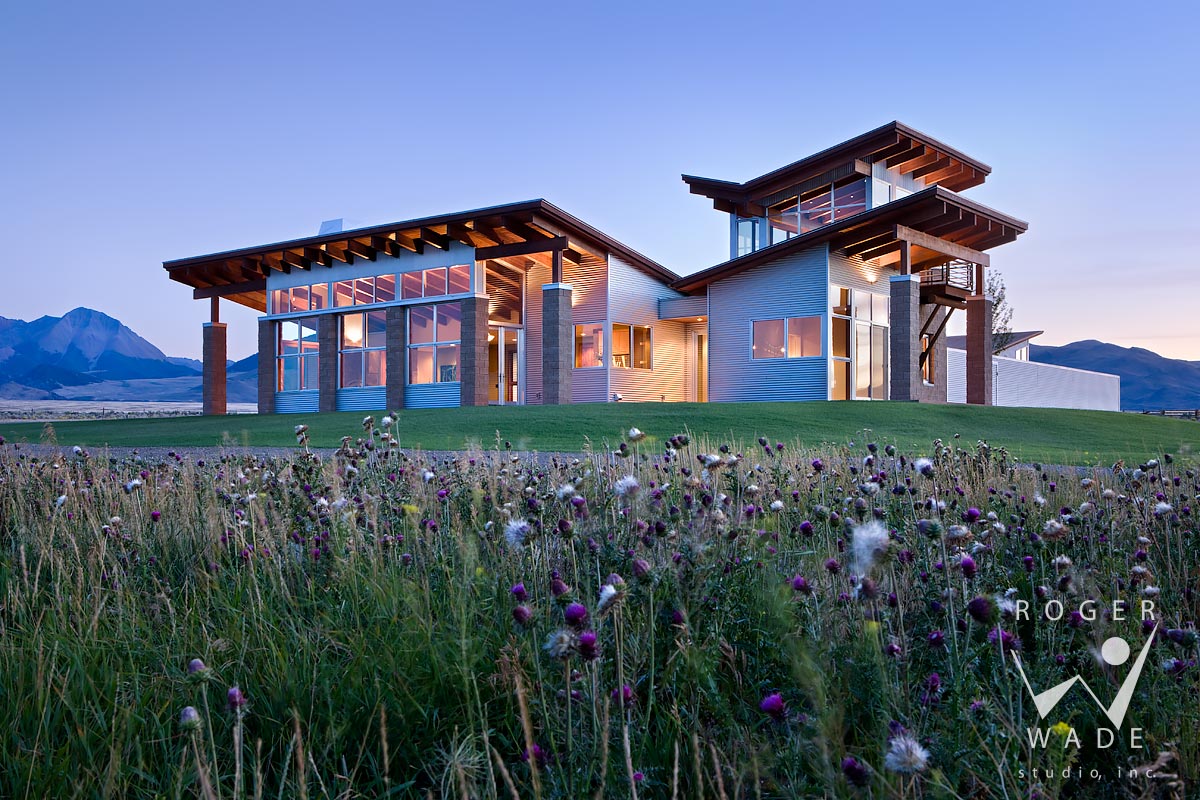 photography of contemporary architecture, overall view at twilight, pahsimeroi valley, id