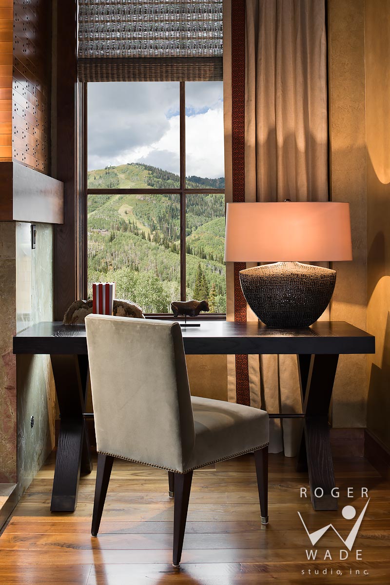 contemporary interior stock image, living room desk vignette, deer valley, ut