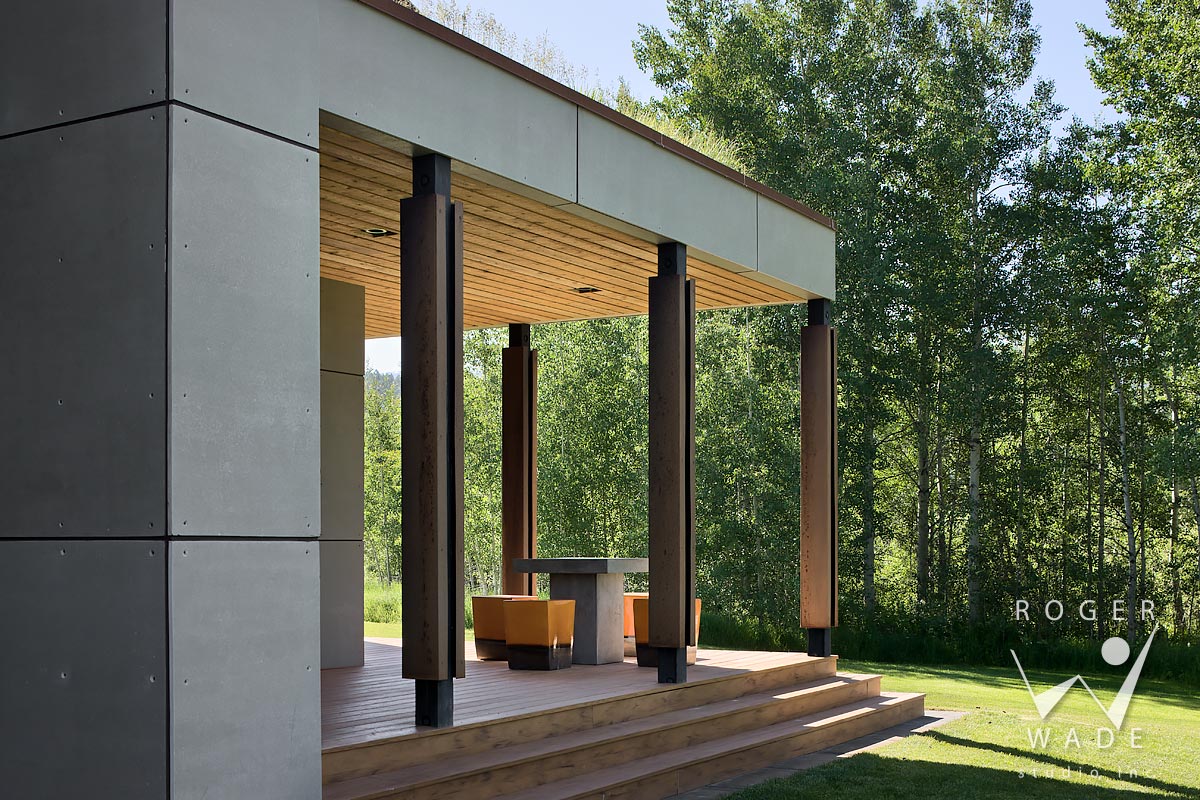 contemporary architecture stock photo, view of porch with sod roof, alta, wy