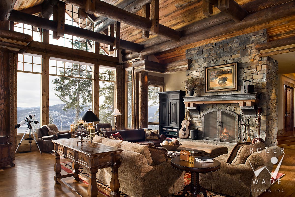 log home photo, great room towards fireplace and windows, whitefish, mt
