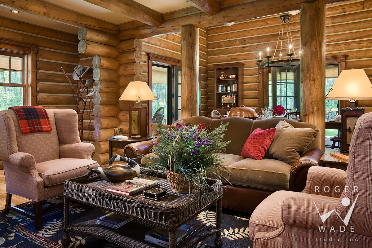 log cabin stock photo, living room toward dining room, ferndale, mt