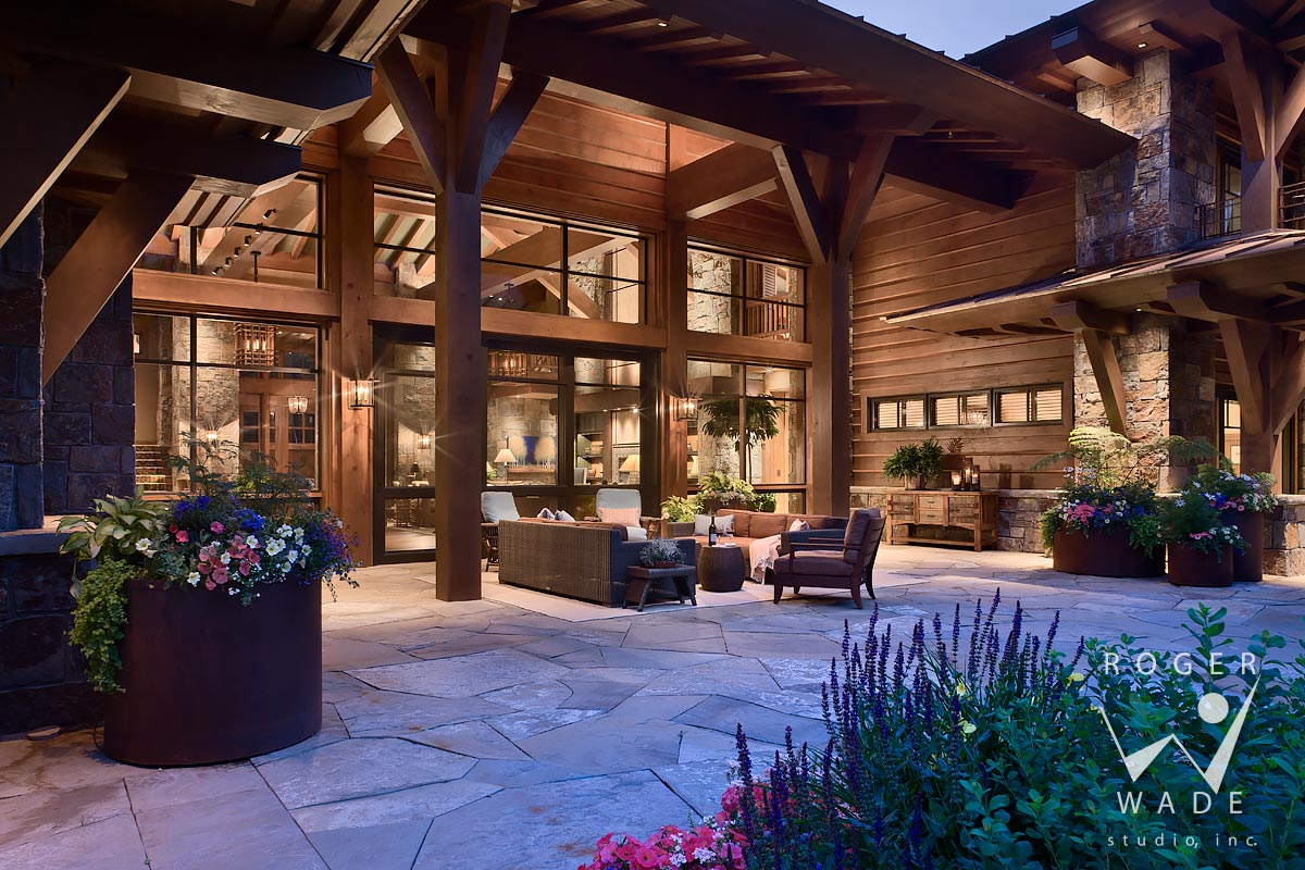 rear patio looking into living room at twilight, ketchum, id