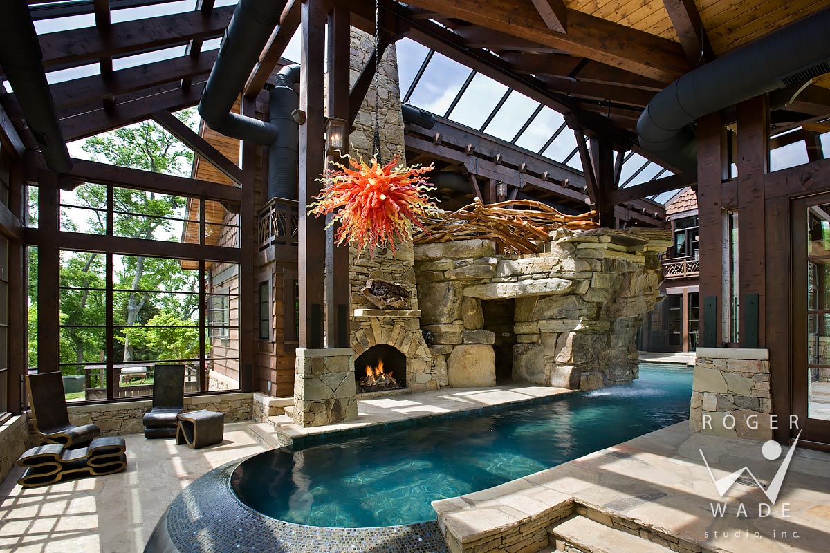 indoor pool toward fireplace, grotto and waterfall, franklin, tn