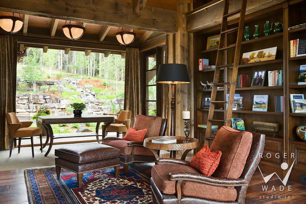 library looking out to waterfall and landscaping, yellowstone club, mt