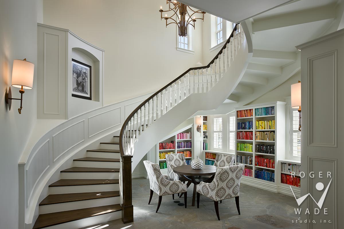 luxury interior photography, traditional curved stairway and home library, chuluota, fl