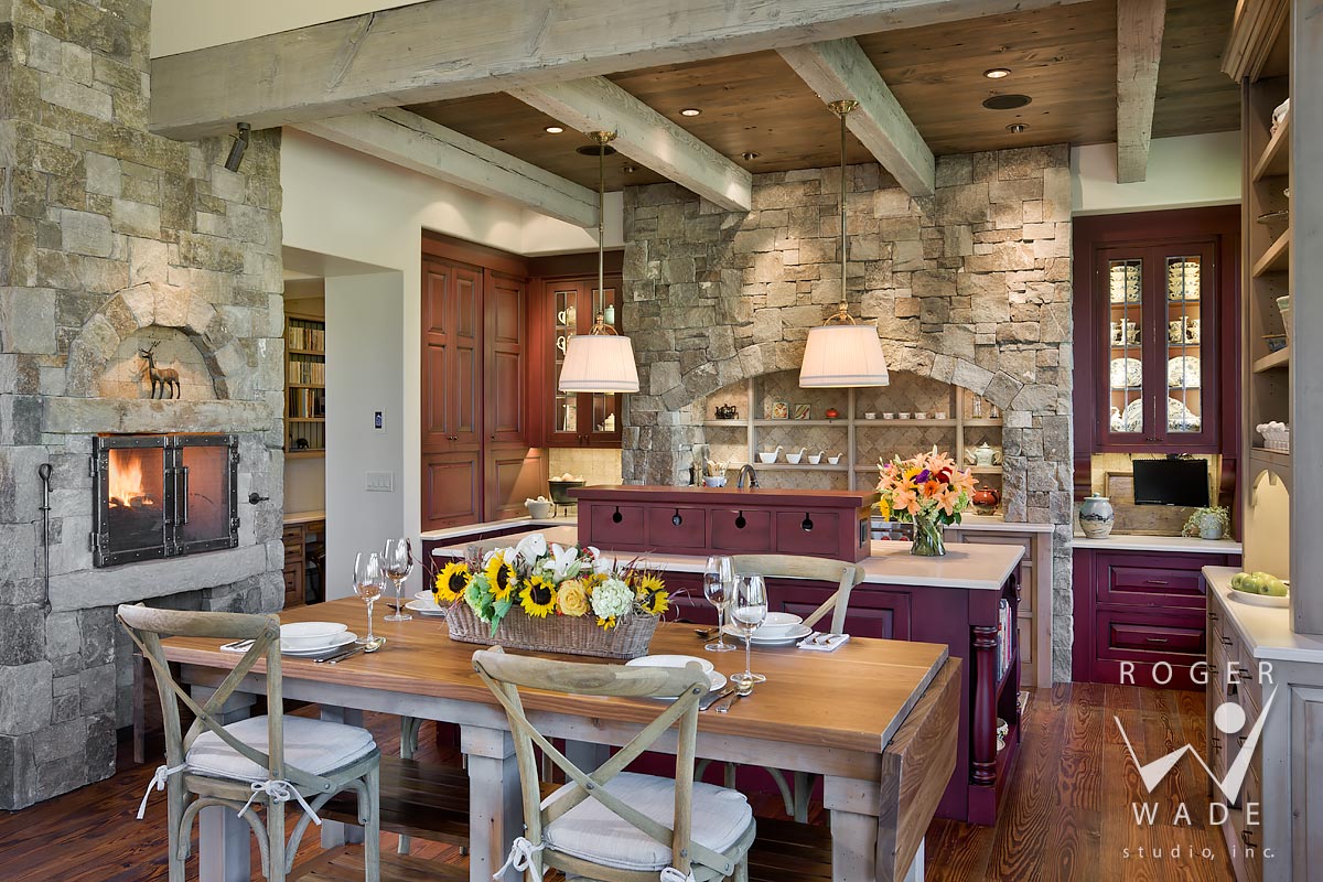 luxury mountain interior design photography, kitchen toward fireplace, bozeman, mt