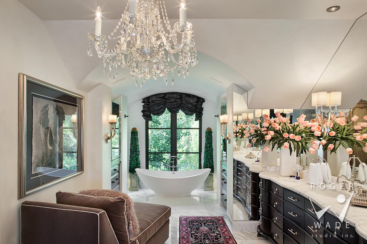 traditional interior design stock photography, master bathroom toward bathtub, ketchum, id