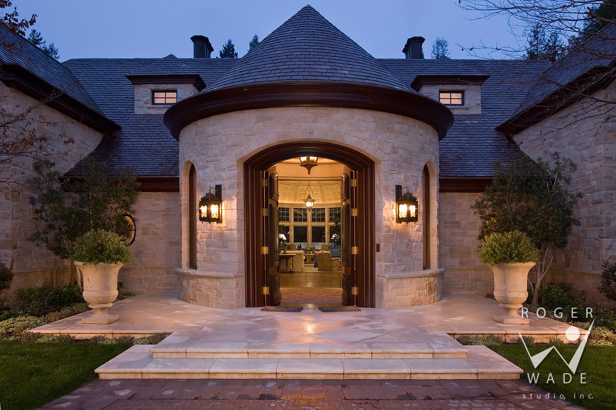traditional architectural photography, entry detail at twilight, atherton, ca