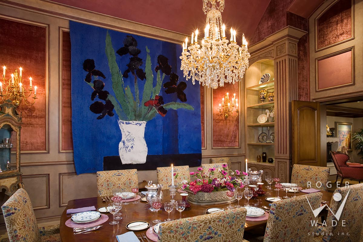 luxury interior design photography, dining room toward cathelin tapestry, atherton, ca