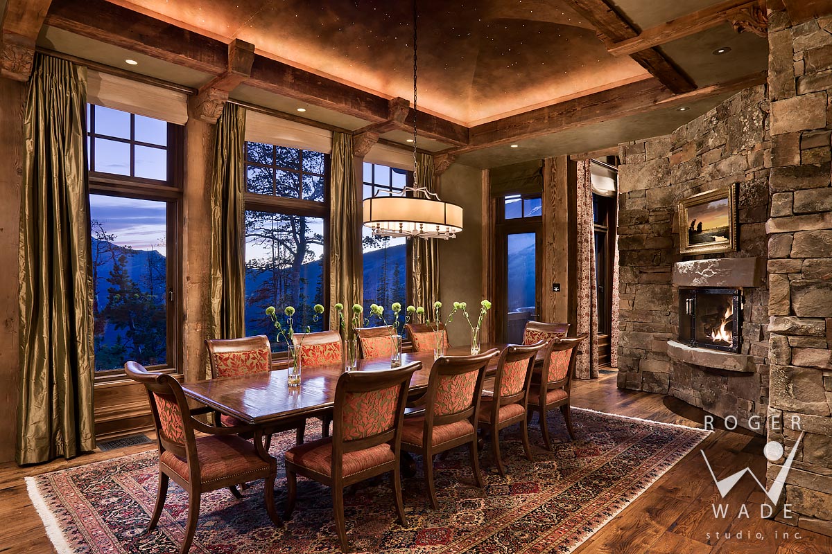 traditional interior design image, dining room at twilight with fiber optic lighting, yellowstone club, mt