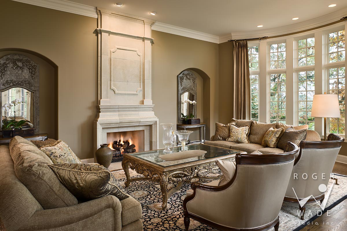 traditional interior design photography, living room toward fireplace and windows looking out to fall color, long grove, il