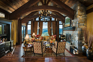 luxury living room of rustic timber frame mountain lodge