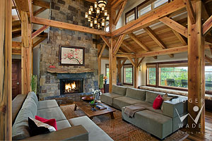 contemporary asian designed living room of luxury mountain timber frame home