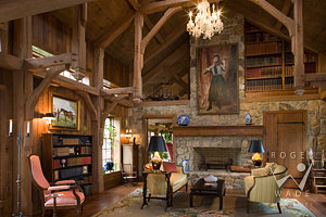living room of rustic timber frame farm house