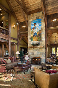 traditional timber frame living room towards fireplace and Robert Nelson fresco