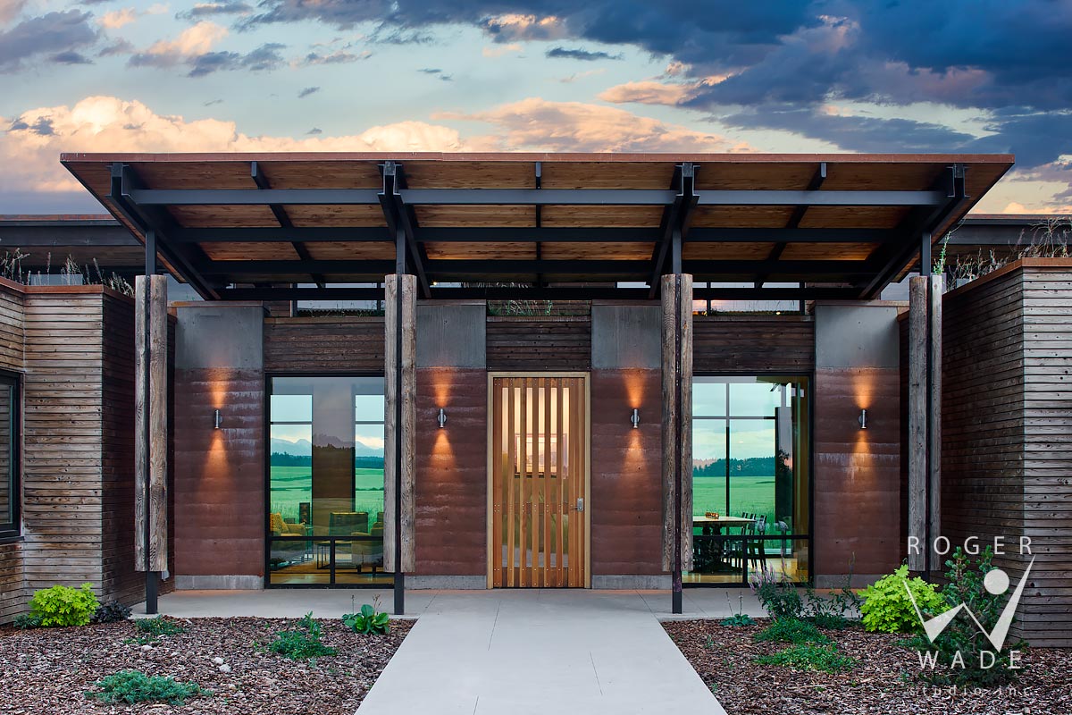 contemporary mountain architecture, front entry detail at twilight, squirrel, id