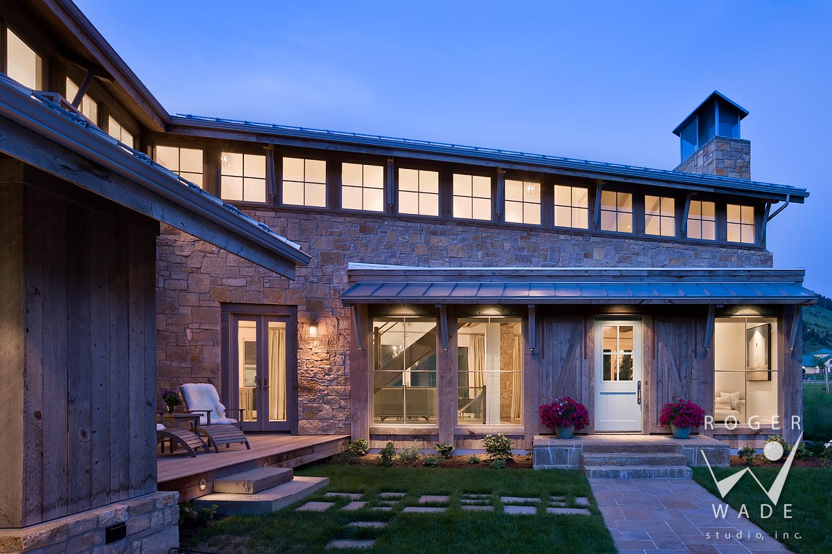 contemporary mountain architecture photo, front entry at twilight, wilson, wy