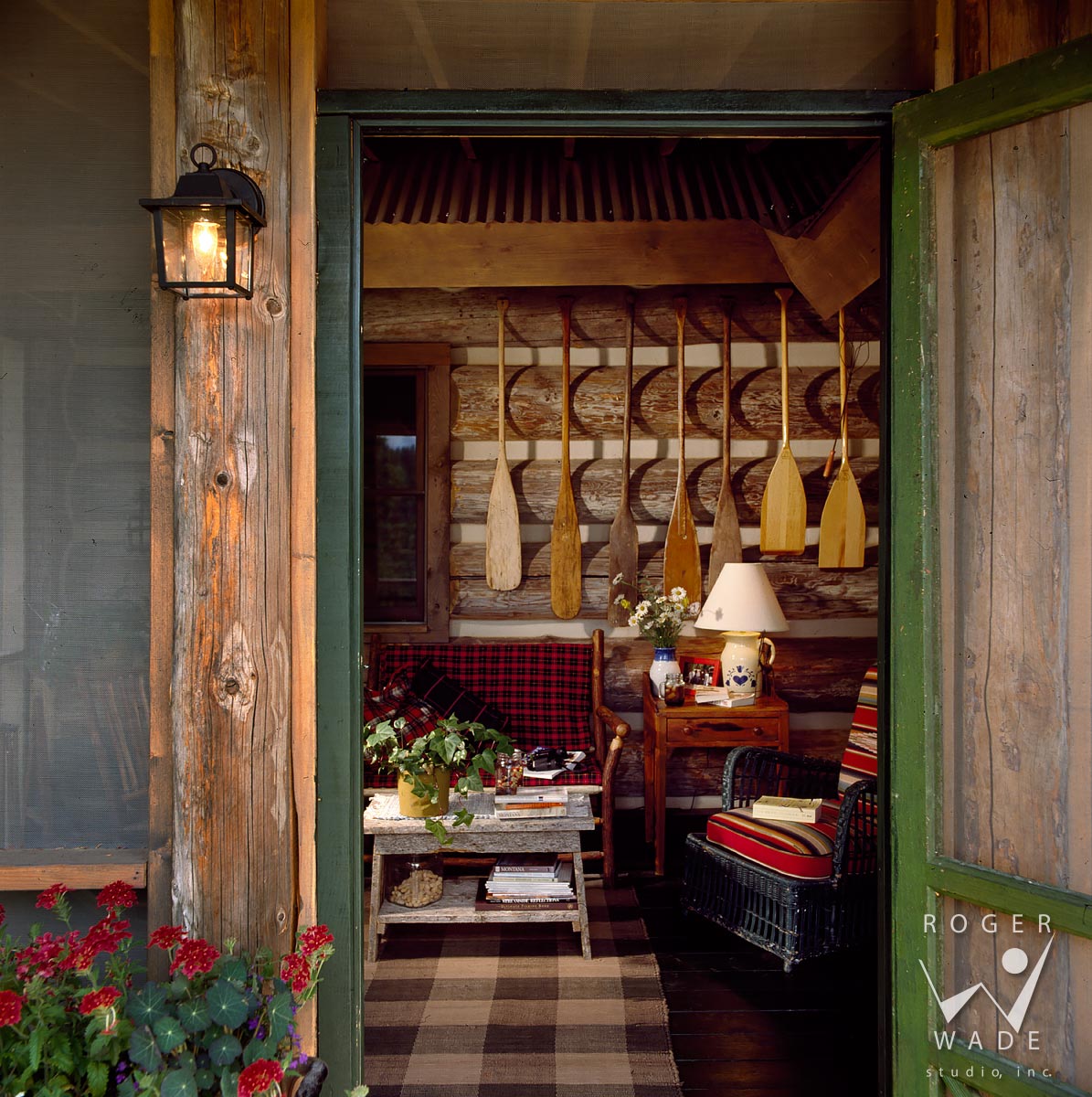 log cabin stock photography, screened front porch through door, ovando, mt