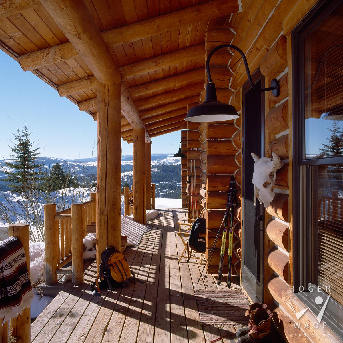 stock image of small cabin front porch and winter view, big sky, mt