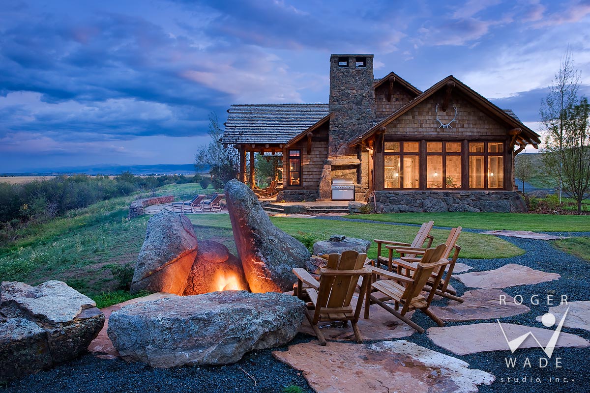 log home stock photography, ranch house with fire pit at twilight, mcallister, mt