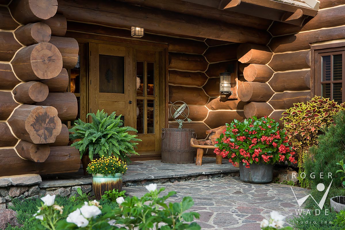 handcrafted log home photography, front entry detail, lakeside, mi