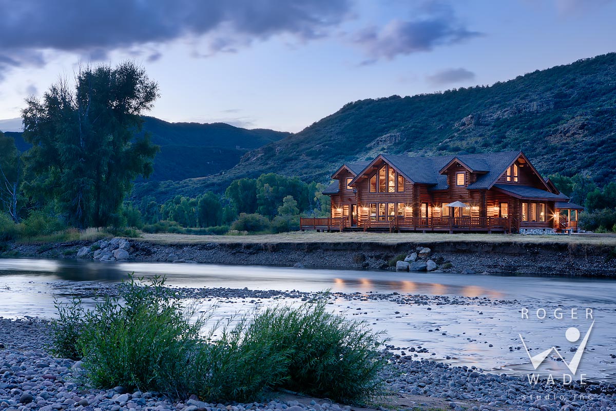 log home photography, twilight view from across yampa river, milner, co