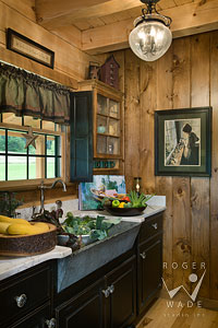 pantry and kitchen sink vignette in country styled milled log home
